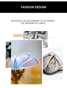 Vue détaillée des lunettes papillon avec décoration d'ailes en métal doré évidé