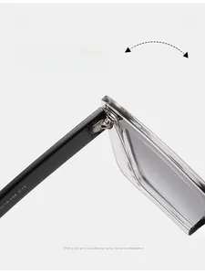 Detail view of durable metal hinge on black and translucent square frame sunglasses
