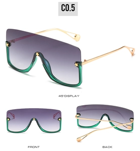 Detailed views of oversized square green frames with purple gradient lenses and stars