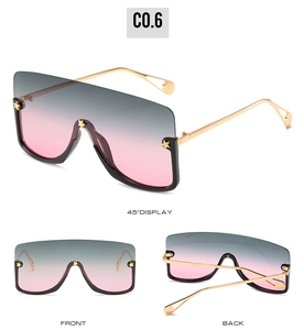 Detailed views of oversized star sunglasses with gold metal frame and gradient lenses
