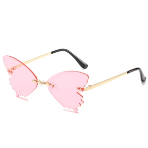 Occhiali da sole a farfalla senza montatura con lenti rosa e stanghette in metallo dorato