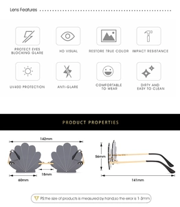 Detailed size chart and specifications for shell-shaped sunglasses with metal temples
