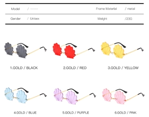 Detailed grid of shell-shaped rimless sunglasses in six colors with metal frame