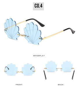 Three views of rimless shell shaped sunglasses with blue lenses and gold metal frames