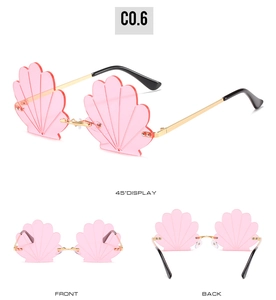 Macro detail of pink shell-shaped rimless sunglasses with gold temples in multiple views