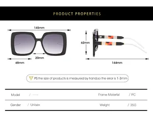 Guide des tailles détaillé pour lunettes de soleil carrées avec spécifications PC