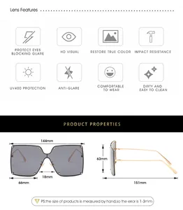 Detailed size chart of oversized rivet sunglasses showing UV400 lens dimensions and specs