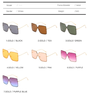 Detailed size specifications and seven color options for unisex metal frame sunglasses