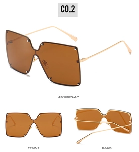 Three perspectives of rimless rivet sunglasses with dark brown lenses and gold frames