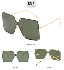 Three views of oversized rimless sunglasses with metal rivets and gold temples