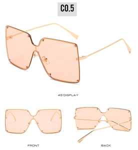 Detailed views of gold square sunglasses with light orange lenses and rivet accents