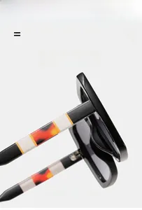 Détail de lunettes de soleil carrées avec branches en patchwork blanc et écaille