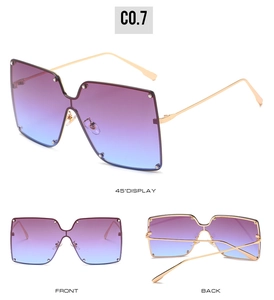 Three views of oversized square gradient sunglasses with metallic studs and gold frame