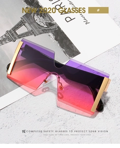 Detail view of purple gradient oversized rimless lens with gold metal decoration