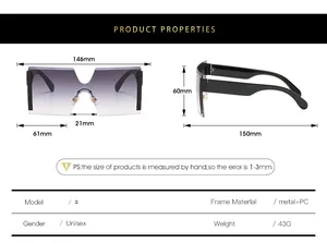 Detailed size chart for oversized rimless sunglasses with frame and lens measurements