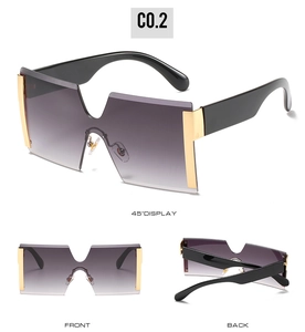 Three views of frameless gradient sunglasses with gold sequins and oversized design