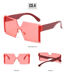 Three-view display of oversized pink rimless sunglasses from front, back, and 45-degree angle