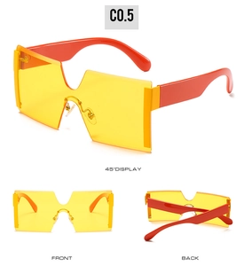 Three perspectives of frameless oversized yellow sunglasses with orange temples and V-cut design