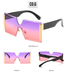 Three-view display of oversized rimless sunglasses with purple-pink gradient lenses