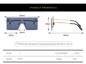 Detailed sizing chart and specifications for square frame oversized sunglasses