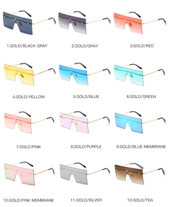 Collection of oversized square sunglasses in 12 vibrant colors with gold metal temples