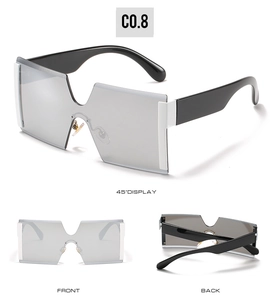 Three-way view of futuristic rimless oversized mirror sunglasses with white side trim