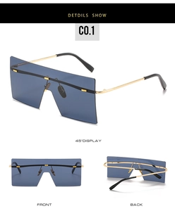 Three-angle view of square oversized sunglasses with blue gradient lenses and gold temples