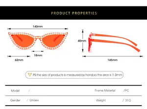 Detailed size chart for rhinestone cat eye sunglasses with frame and lens measurements
