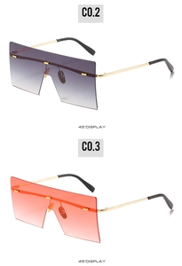 Detail showing square oversized rimless sunglasses in gradient grey and orange tints