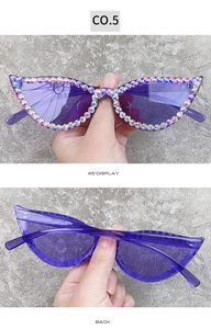 Detailed views of purple cat eye sunglasses featuring hand-set iridescent rhinestones