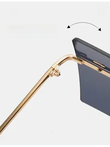 Detail of durable gold metal hinge and dark gray lens on square fashion sunglasses