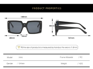 Tableau des tailles détaillé pour lunettes de soleil carrées de 148 mm de large