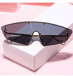 Detail of grey cat-eye sunglasses with gold rivets and slender metal temples