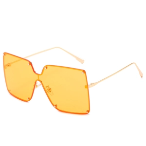 Oversized square shield sunglasses with orange transparent lenses and rivet details