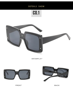 Lunettes de soleil carrées noires avec rivets montrées de face, de dos et de profil
