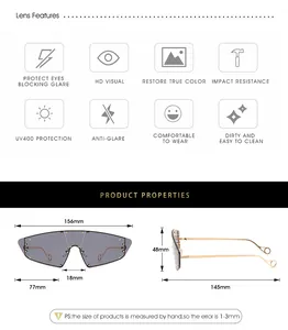 Size chart for cat-eye sunglasses detailing frame width and UV400 lens features