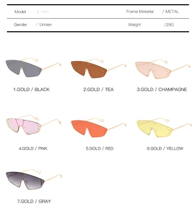 Detailed chart showing seven color options for cat-eye sunglasses with metal temples