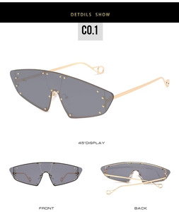 Detailed views of vintage cat-eye sunglasses with gold rivets and metallic temples