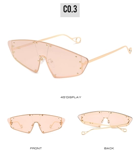Detailed multi-angle view of pink cat-eye sunglasses with metal rivets and gold temples
