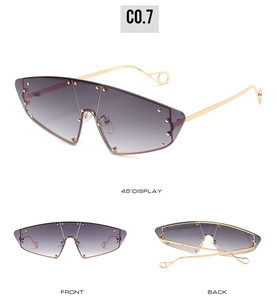 Three views of vintage cat-eye sunglasses with grey gradient lenses and gold studs
