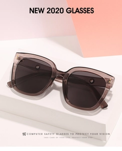 Detail view of large square frame sunglasses with translucent dark grey temples