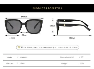Detailed technical chart showing PC frame dimensions and specs for KD98038 sunglasses