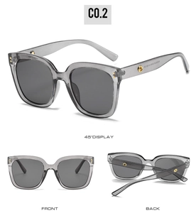 Three views of oversized square sunglasses featuring translucent grey frames and gold logo