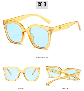 Three-view layout of orange translucent resin sunglasses with light blue lenses