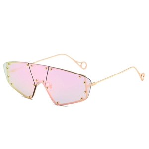 Retro cat-eye shield sunglasses with gradient pink lenses and metal rivet accents