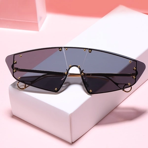 Modern oversized cat-eye sunglasses with gold rivets on black frame and dark grey lenses