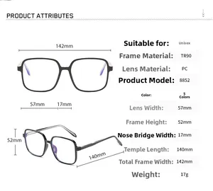 Detailed size chart and dimensions of the lightweight black TR90 square glasses frame