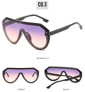 Drei-Sichten-Display der Oversize-Schild-Sonnenbrille mit lila Verlaufsgläsern und Nieten