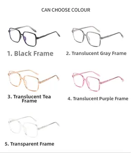 Square glasses frames in five colors including black, transparent grey, and purple