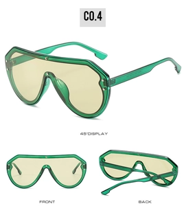 Details einer grünen Schild-Sonnenbrille mit bernsteinfarbenen Gläsern und Nieten